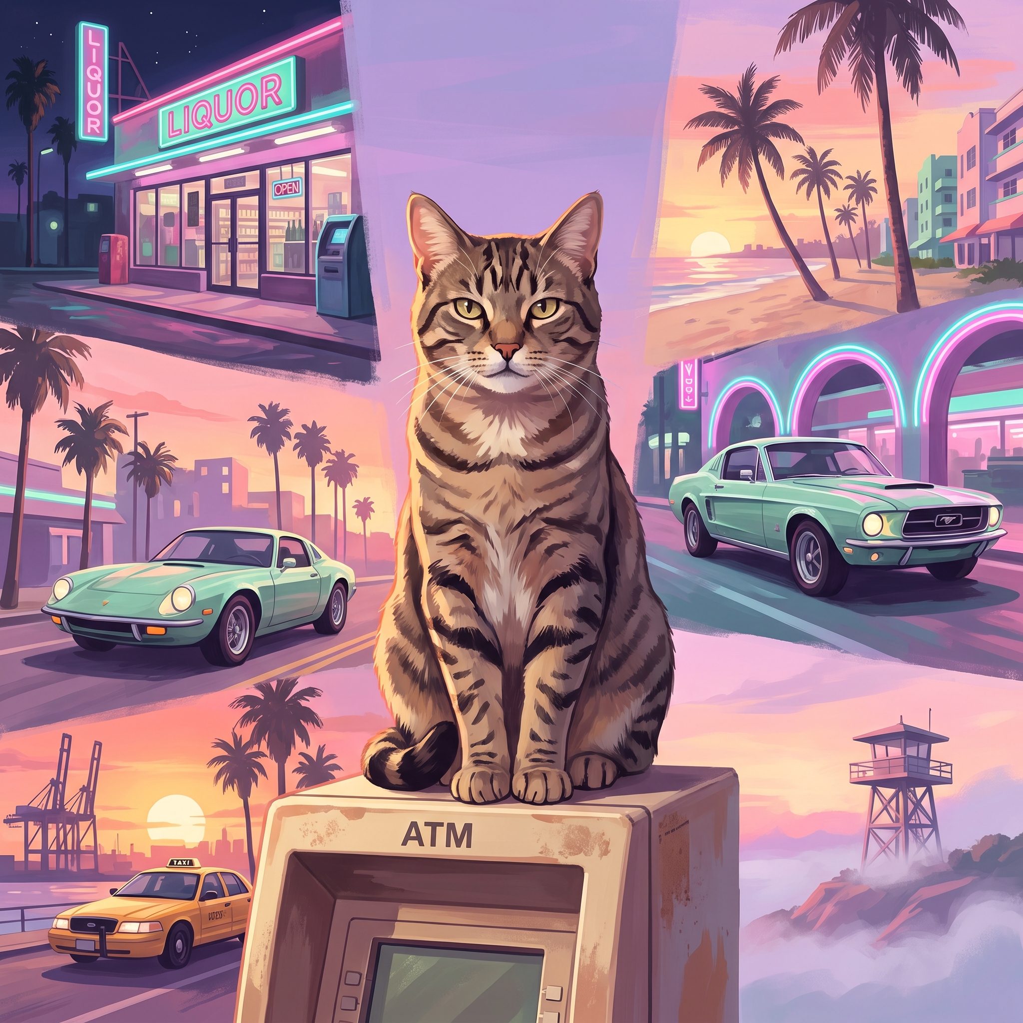 Ultimate Gato Edition box art: Gato on the ATM surrounded by Vice City vignettes.
